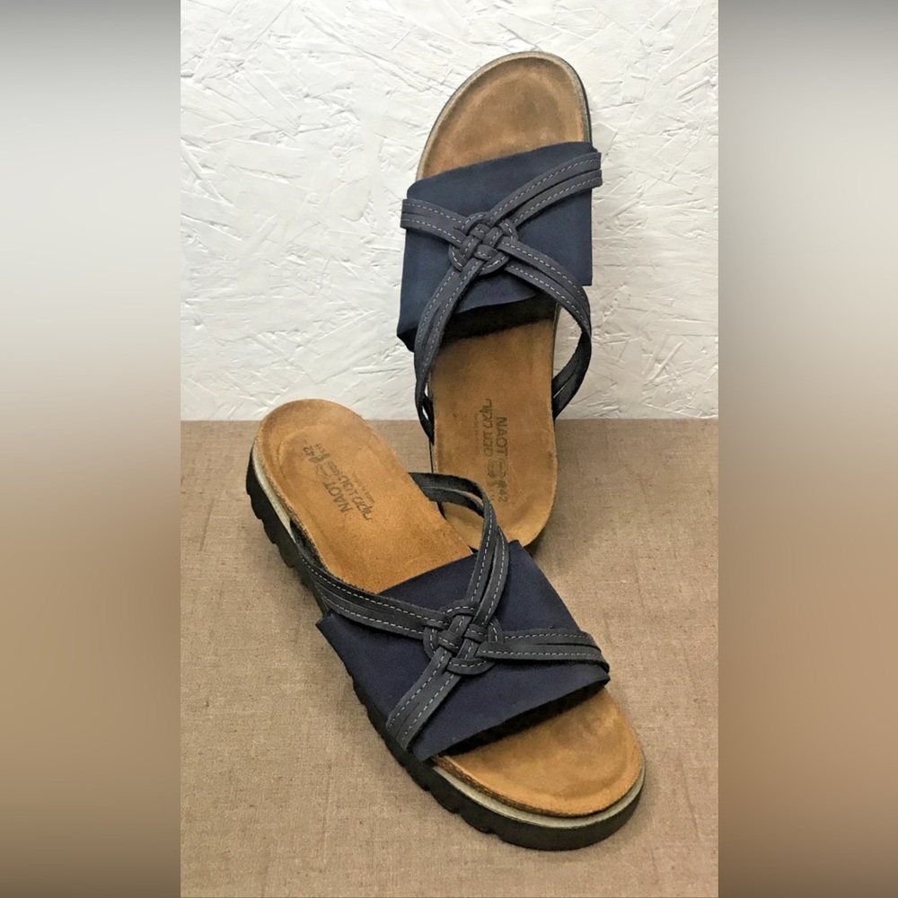 Naot Women's Slides Sandals Size 11 Leather Fabric Navy Blue Made Israel EURO 42